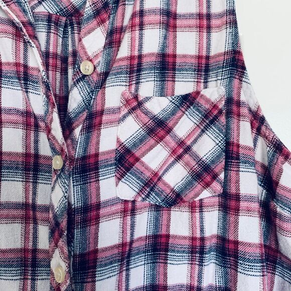 Forever 21 Red, Navy & White Plaid Flannel Button-Down Tunic Tank Shirt | Size L - Picture 7 of 10